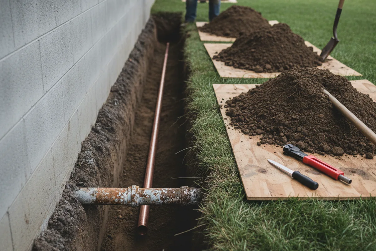 Excavated water line trench during Water Softener Installation in Mc Andrews